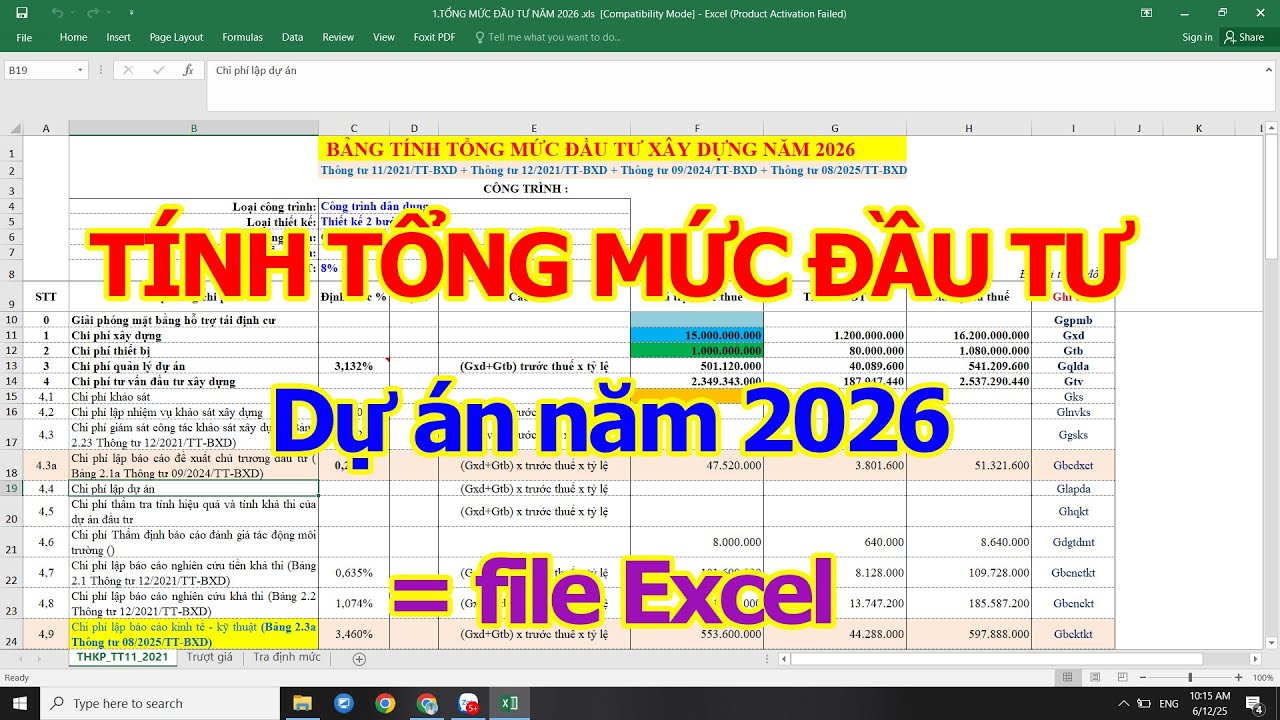 Bảng tính TỔNG MỨC ĐẦU TƯ dự án xây dựng mới nhất năm 2026 bằng file Excel
