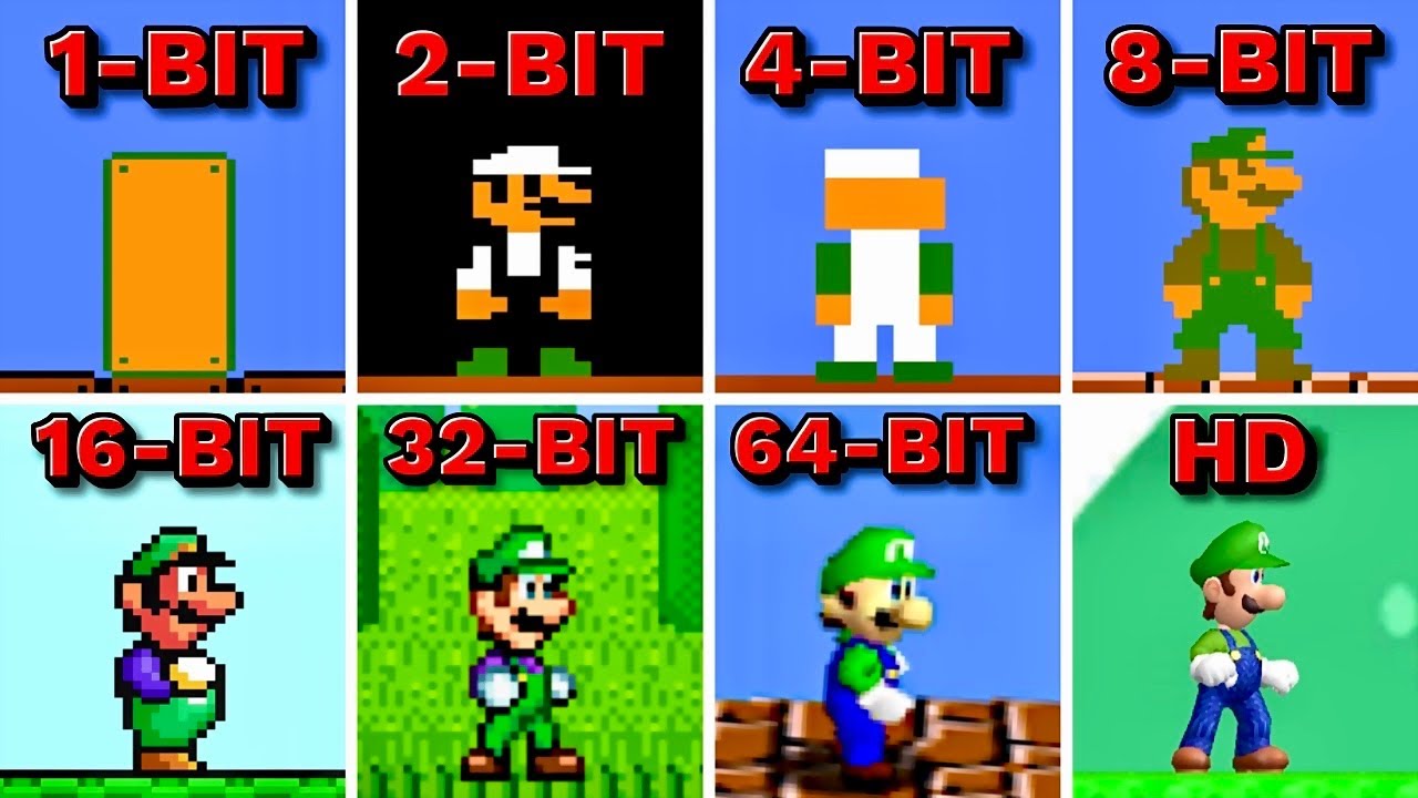 Super Luigi Bros. 1-BIT vs 2-BIT vs 4-BIT vs 8-BIT vs 16-BIT vs 32-BIT vs 64-BIT vs HD