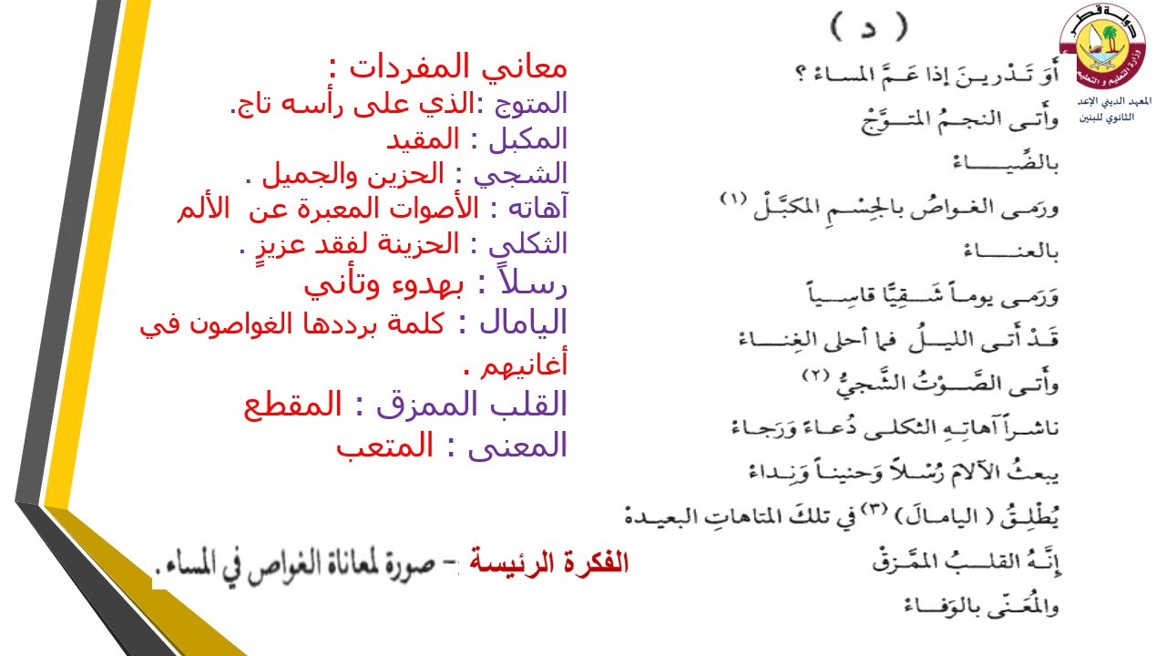 الأدب العربي- الثاني عشر- مراجعة قصيدة سفينة غوص ج1- 27-4-2021