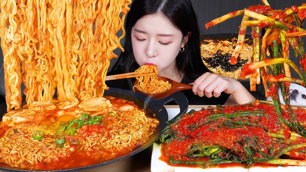 ASMR MUKBANG | Острый мягкий тофу син рамэн (The Red) 🔥 Домашнее кимчи с зеленым луком и каша рамэн