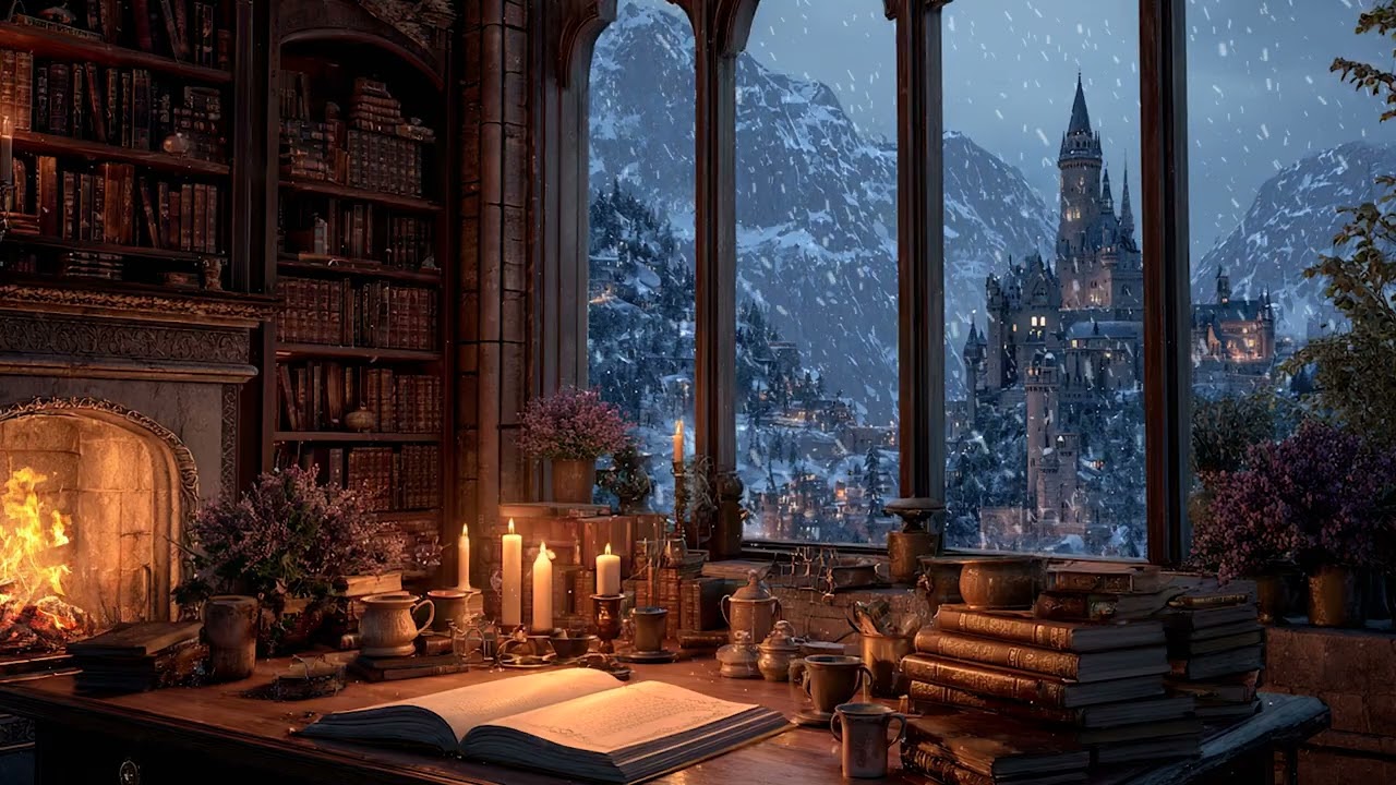 Warm Winter Night Quiet Library Fireplace | Cozy Ambience Sounds for Relaxation and Focus
