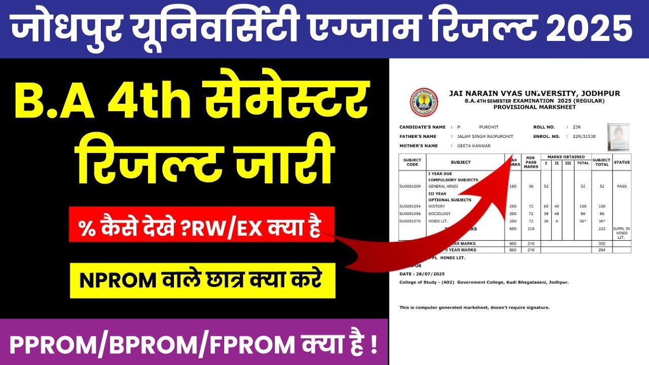 JNVU B.A 4th Semester Result 2025 Declare | Jnvu B.A 4th Semester Result Kaise Dekhe 2025