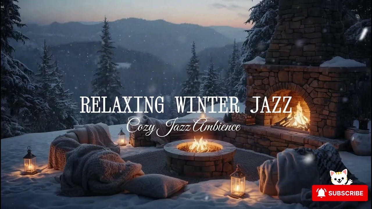 Winter Porch Ambience with Warm Jazz Instrumental Music ⛄ Smooth Jazz Music & Crackling Fireplace