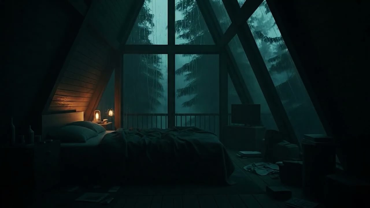 Deep Forest Rain at the A Frame Cabin 🌧️ |  Dark Cozy Bedroom for Restful Sleep - (no ads)