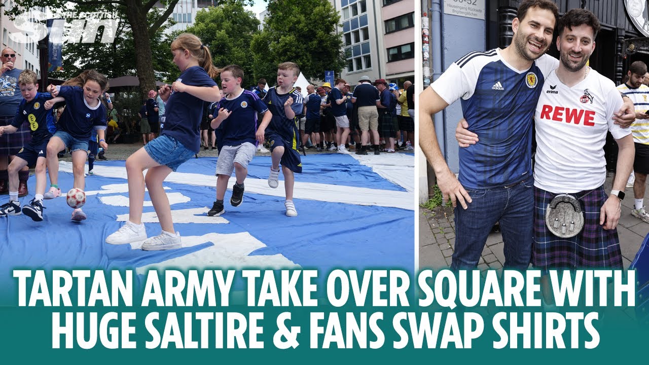 Tartan Army play football on huge Saltire and fans swap shirts in Cologne