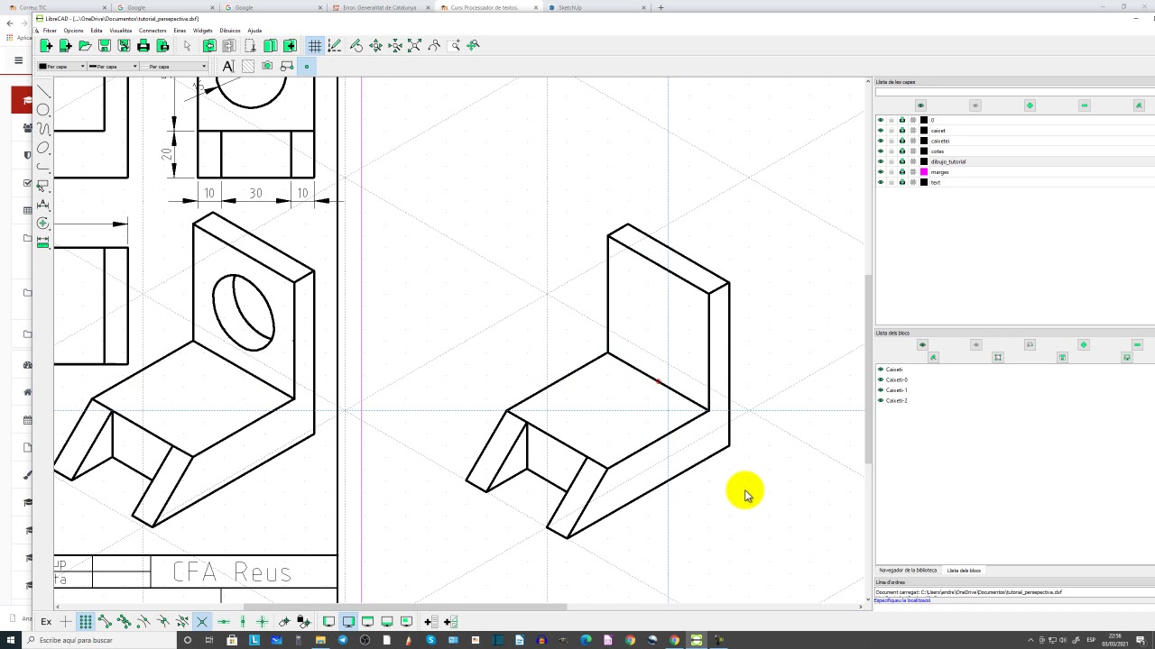 Iniciación a librecad.  Perspectiva isométrica  Representación de formas circulares