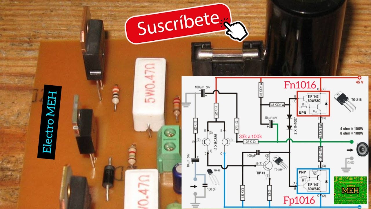 amplificador de audio potente y fácil  con transistores fn1016 y fp1016 140w
