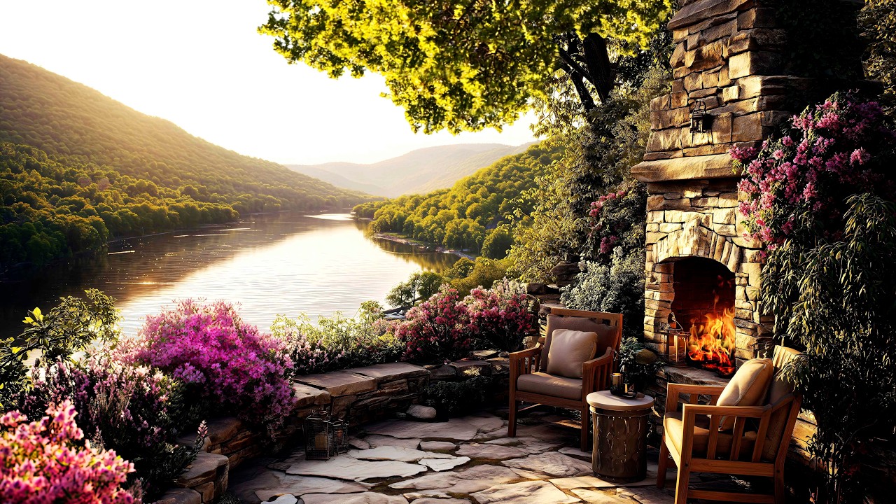 Fireplace Sounds on Terrace | Birds Singing | Relaxing Ambience