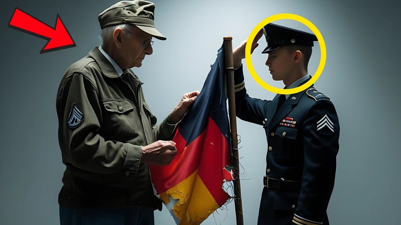 Der Veteran hält eine zerbrochene Flagge – ein Hauptmann repariert sie und salutiert ihm