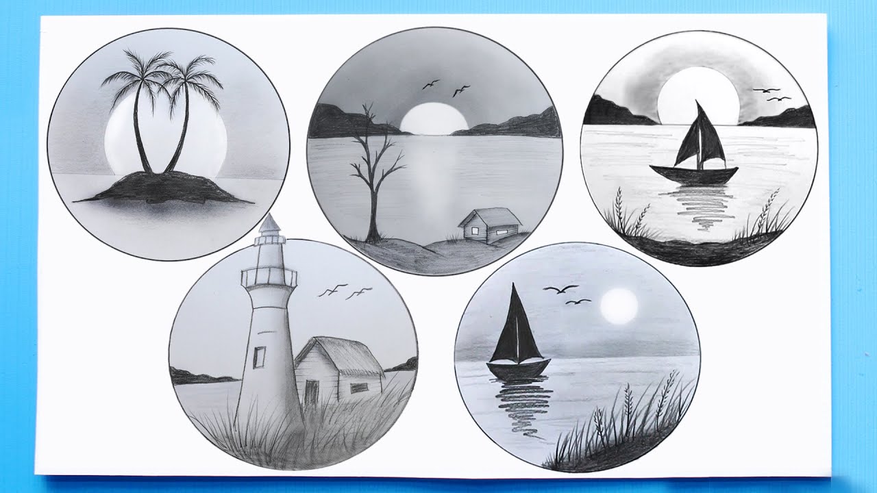 5 Scenery Drawing in a circle | 5 Easy Landscape to Draw into the circle
