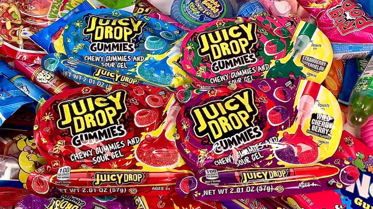 Unboxing Juicy Drop Gummies Chewy Candy Jelly Gummy Satisfying ASMR Food Challenge Mukbang