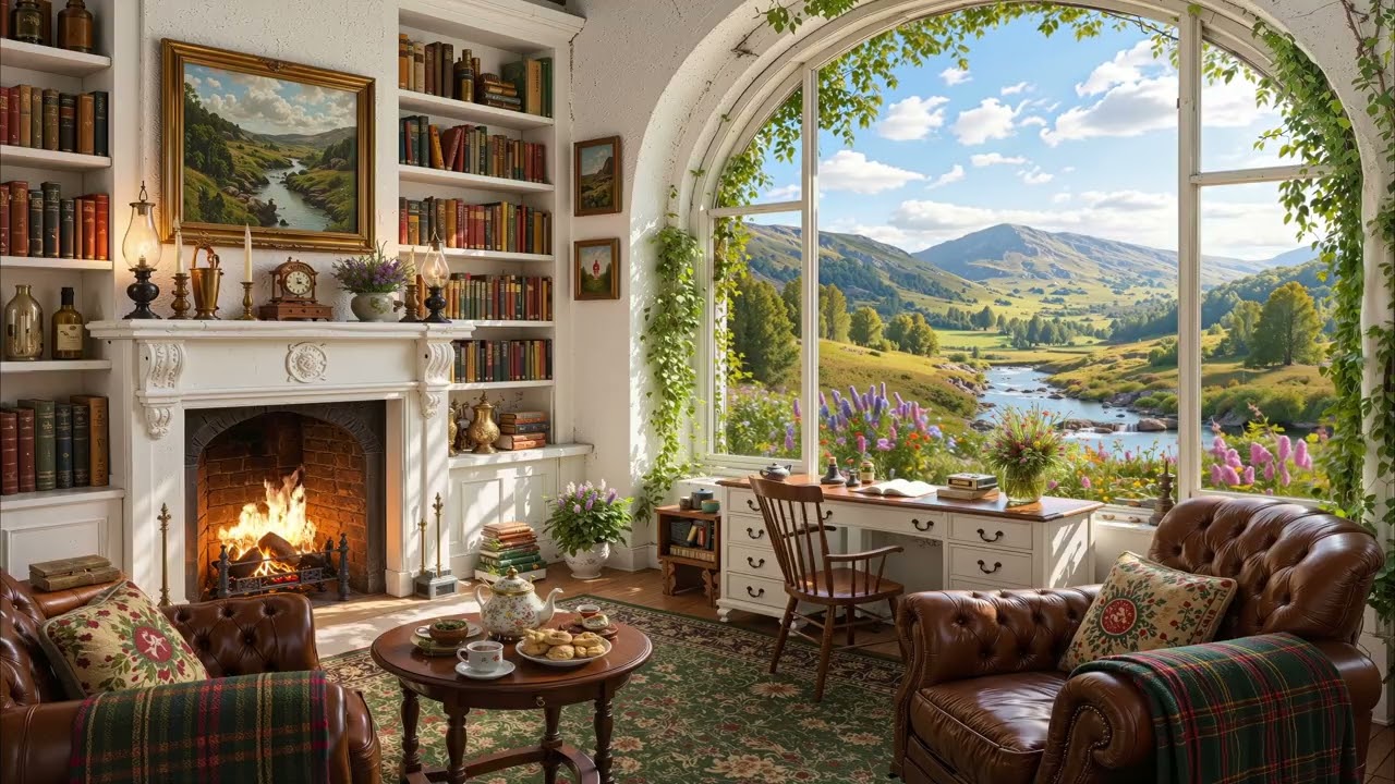 Scottish Library Ambience | Cozy Fireplace, Highland Valley View & Celtic Music