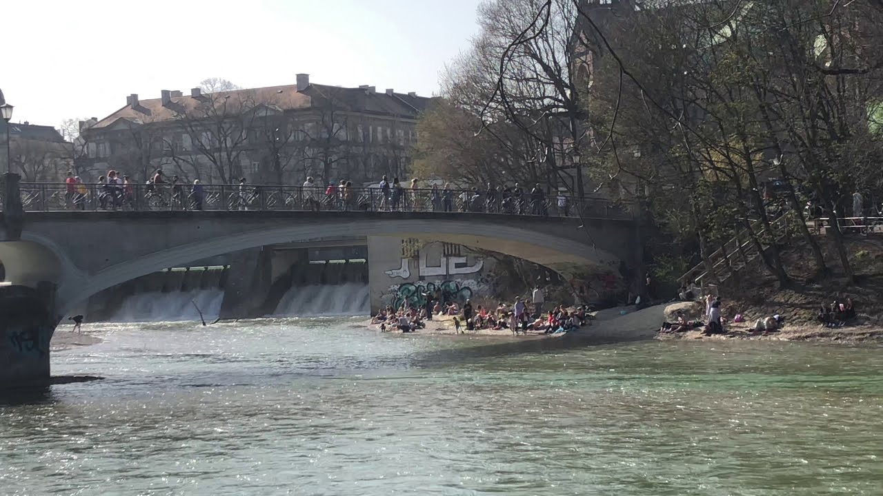 Beautiful Sunny Day on the banks of Isar River Munich