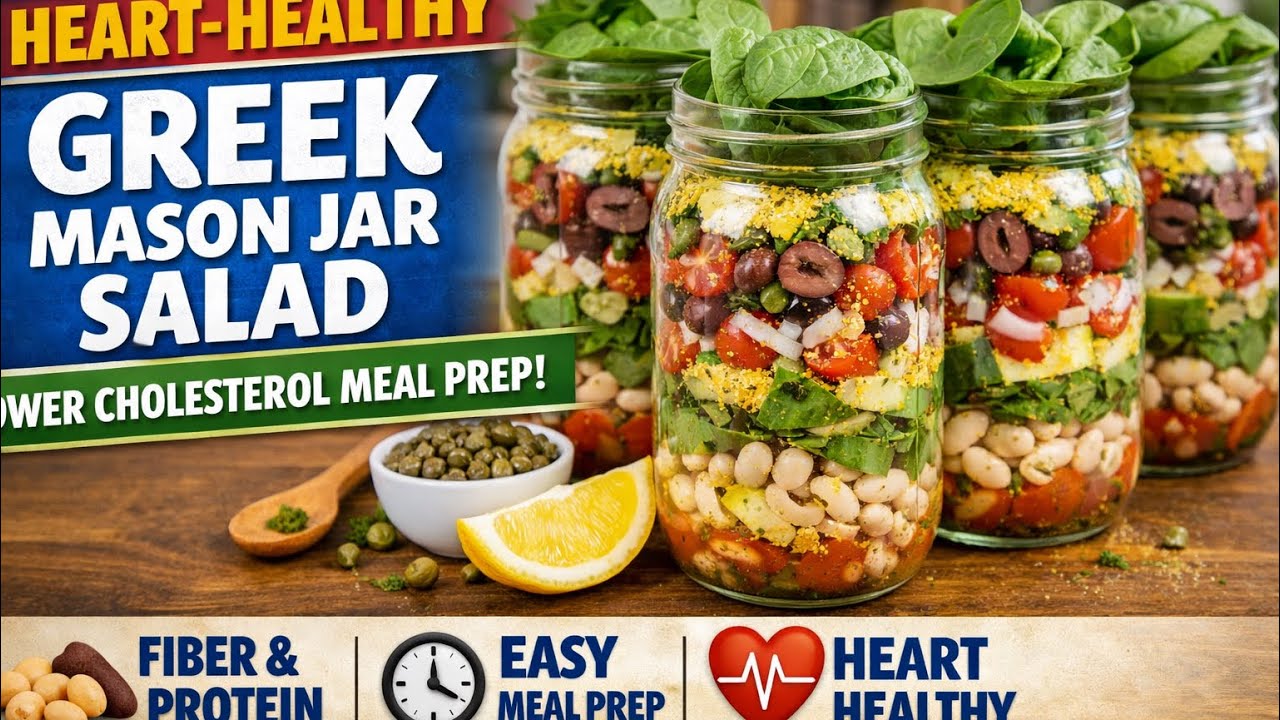 Heart-Healthy Mediterranean Greek Mason Jar Salad | Lower Cholesterol Meal Prep (4 Jars)