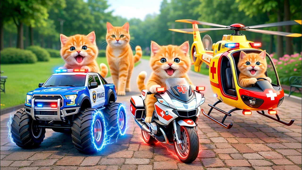 Kittens Drive Police & Rescue Truck 🚓 on a Mission to Rescue Mama Cat from a Bully💥🐱