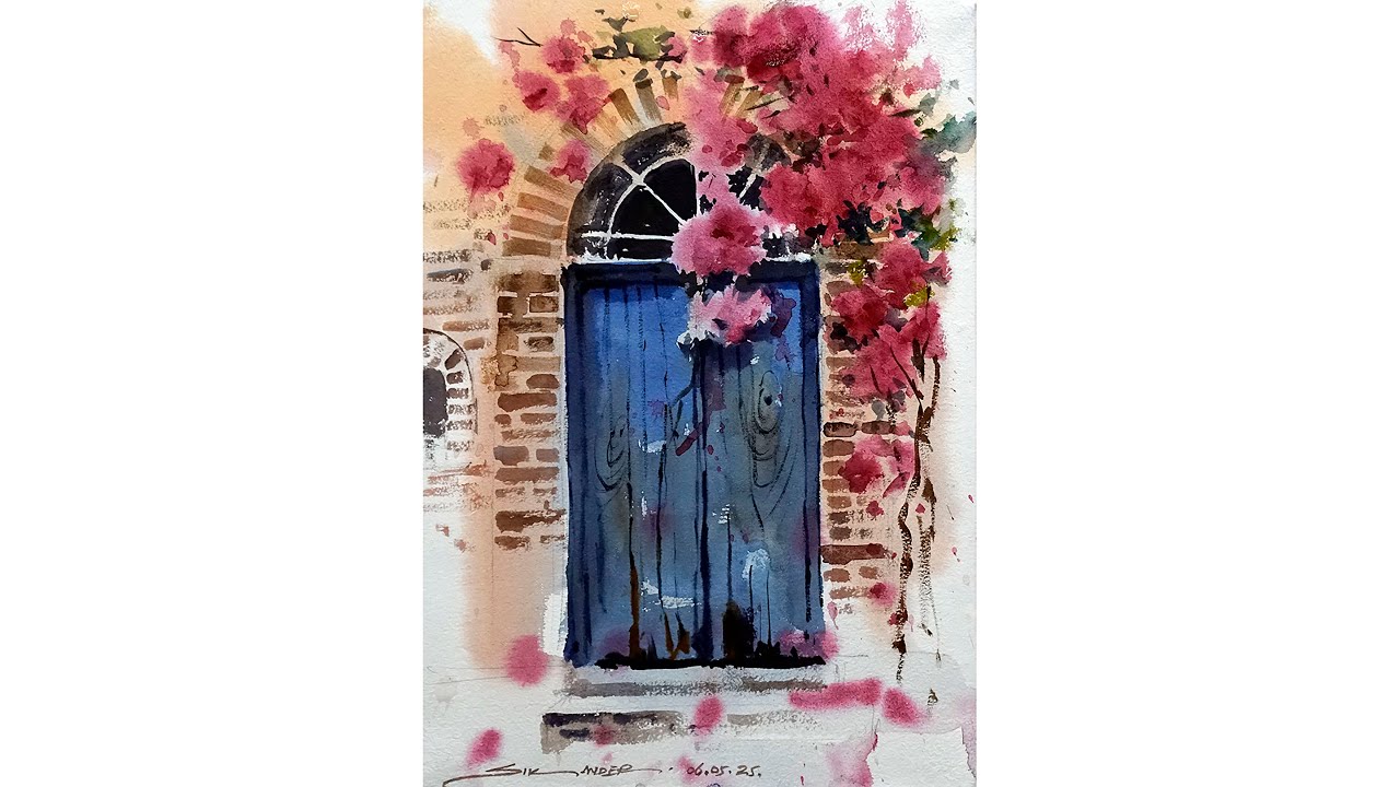 Old Door and Flowers Watercolor Painting