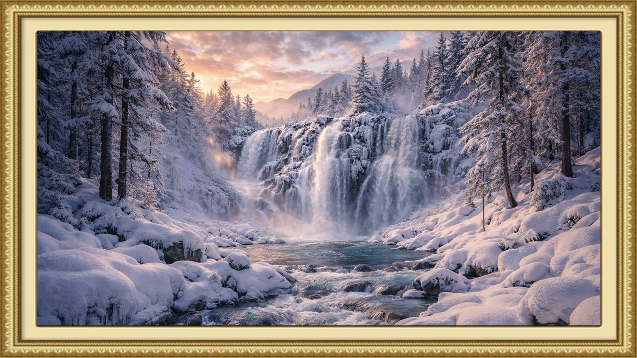 Frozen Waterfall in Snowy Forest | Ambient Art 4k Displays