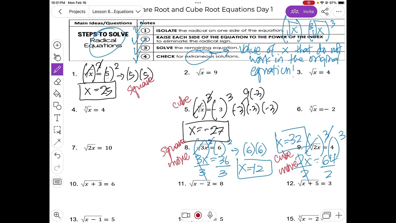 Lesson 6.4 Solving Square and Cube Root Equations Day 1