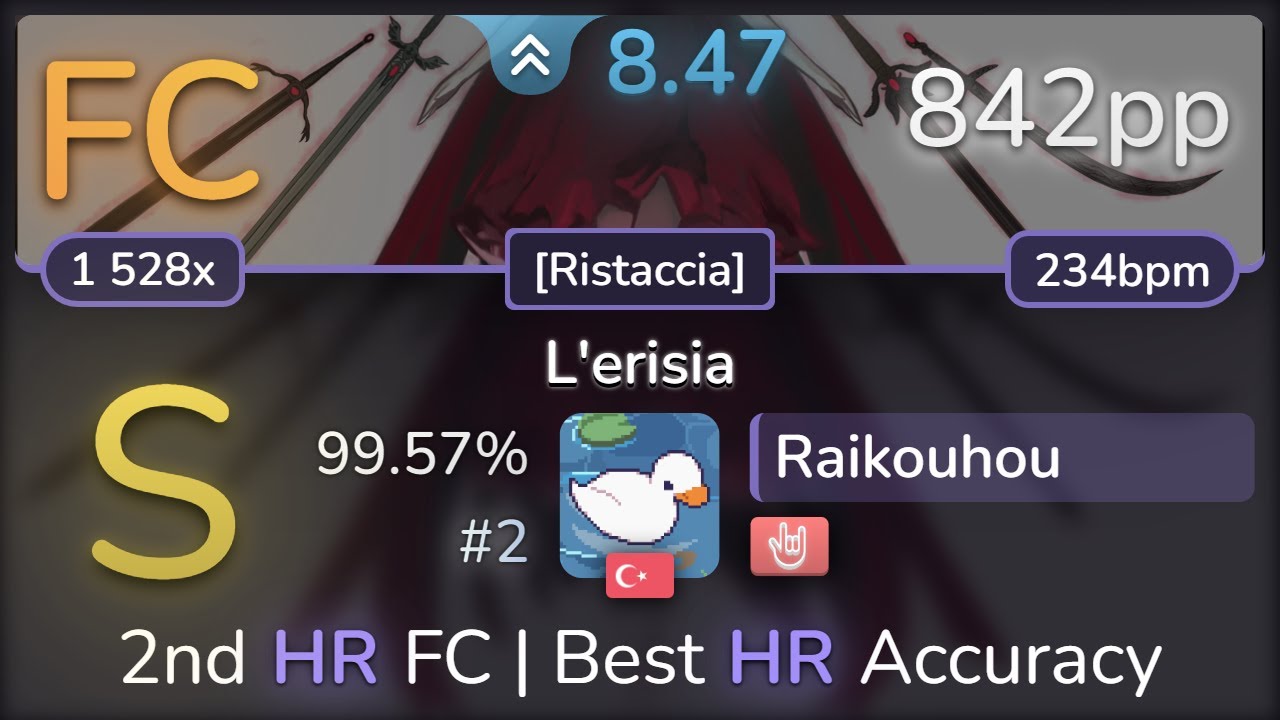 8.5⭐ Raikouhou | Zektbach - L'erisia [Ristaccia] +HR 99.57% FC #2 | 842pp - osu!