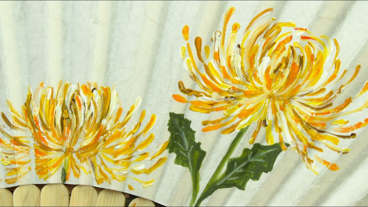 Hand fan painting design | Chrysanthemum with acrylic 4 minutes
