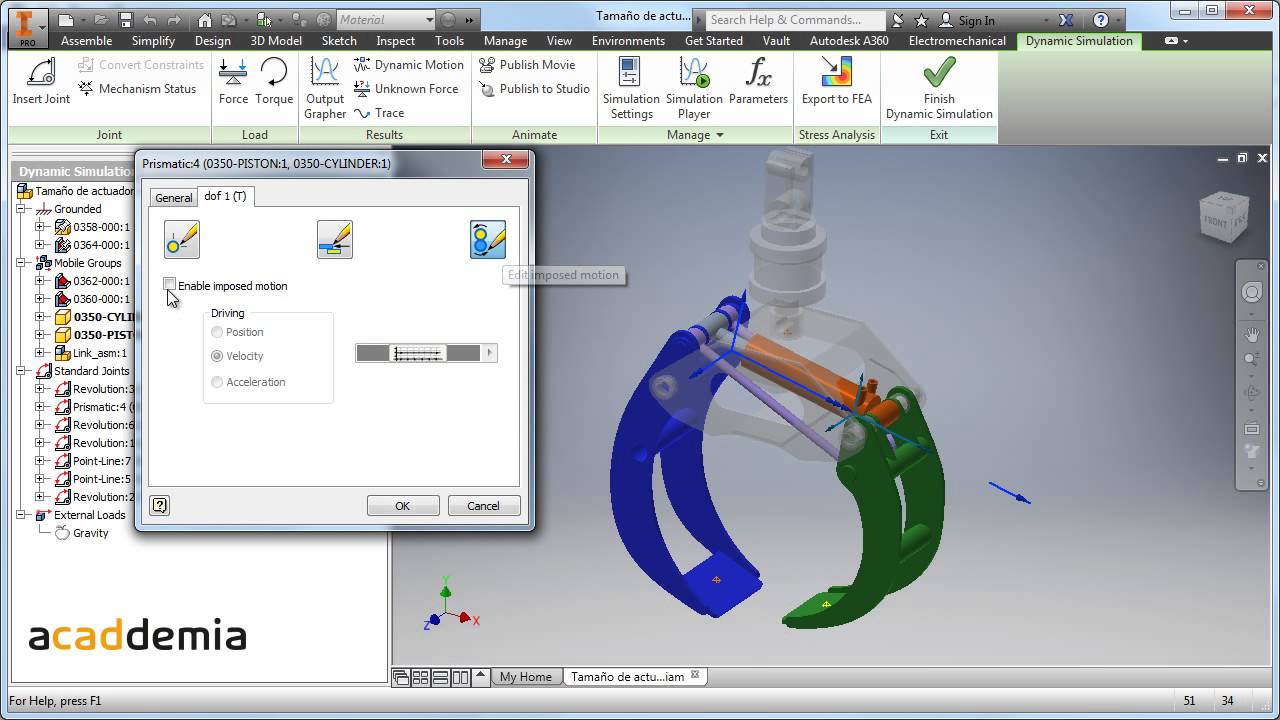 Simulación Dinámica: determine el tamaño y capacidad para un actuador de una tenaza