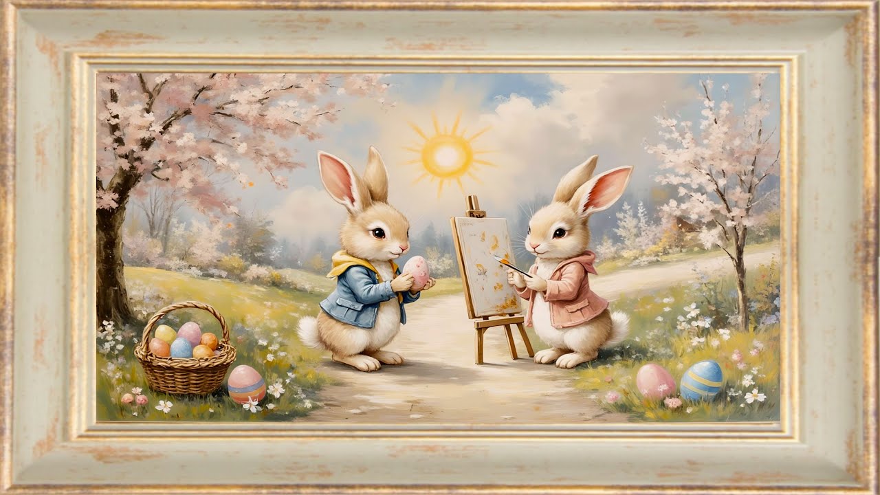 Easter Bunnies Painting at Easel | 4K Vintage Art for TV | Gold Frame Screensaver | 1 Scene 2 Hours