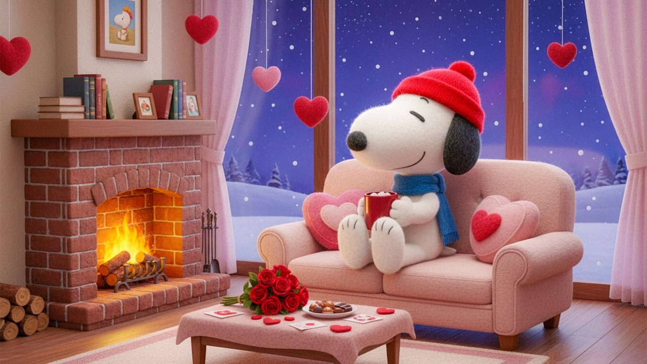 🌹 Snoopy's Romantic Valentine 🔥 Cozy Fireplace & Winter Jazz Lofi