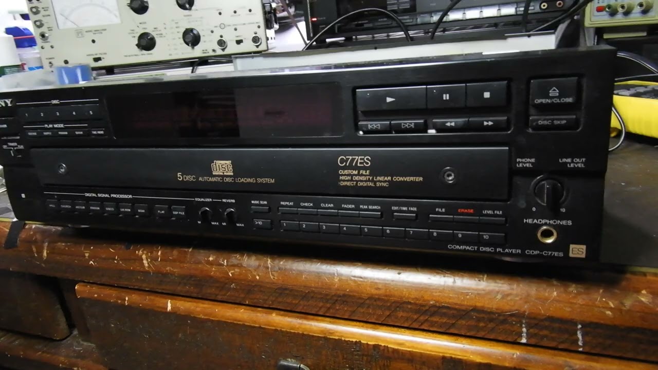 Sony CDP-C77ES 5 CD carousel player. Did not travel well - it was placed in the box up side down...