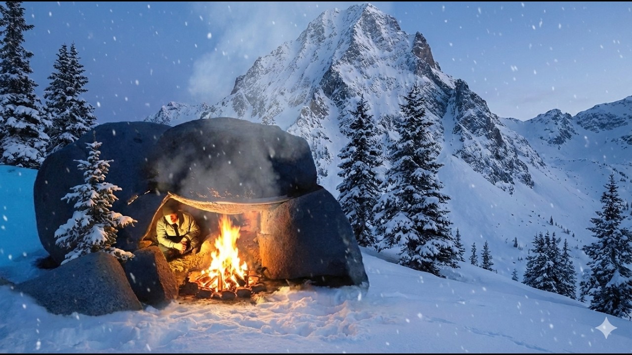 Building a cave shelter: Solo camping at the foot of snowy peaks
