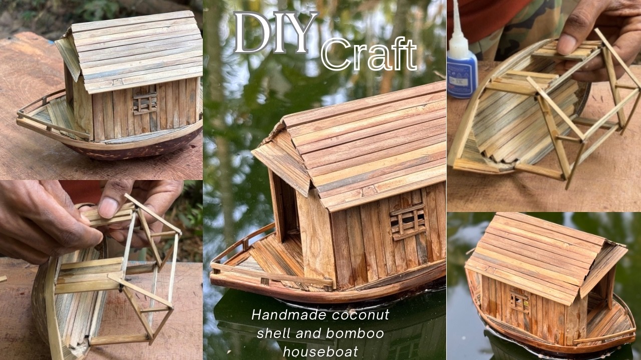 Building a Mini Houseboat with Coconut Shell & Bamboo | Coco Crab
