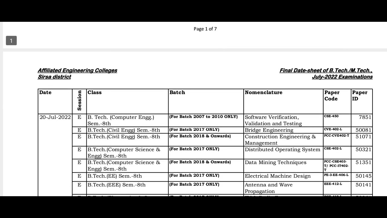 CDLU Date sheet 2022 | CDLU exam latest update 2022 | B.Tech & M.Tech Date sheet 2022