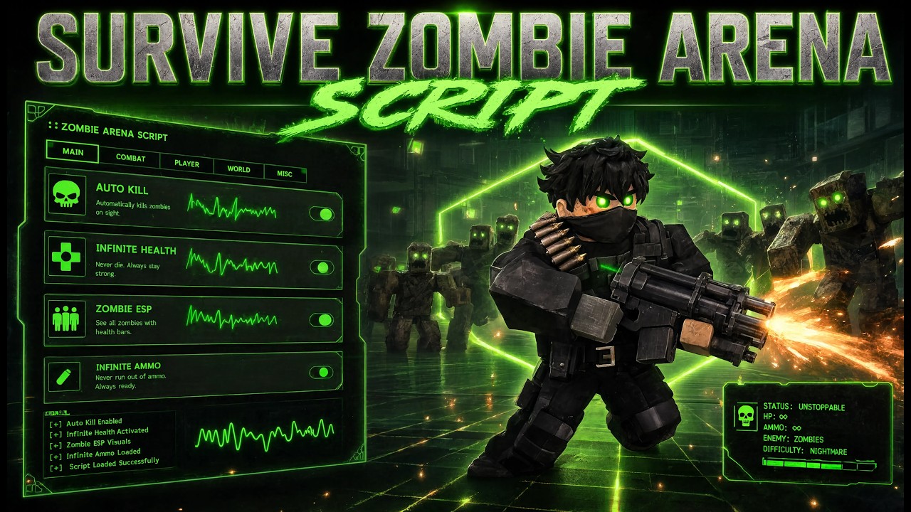 Survive Zombie Arena Script 2026 (Instant Kill All, God Mode, Skip Waves & AutoFarm)