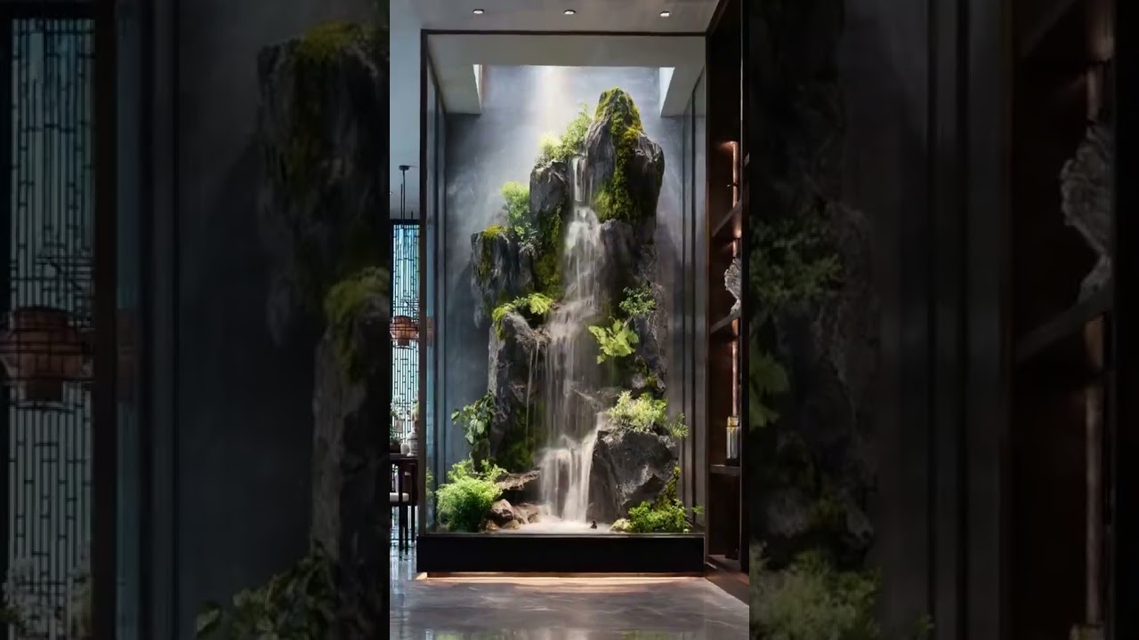 A stunning  indoor waterfall & rock garden #waterfeature #interiordesign #natureinspired