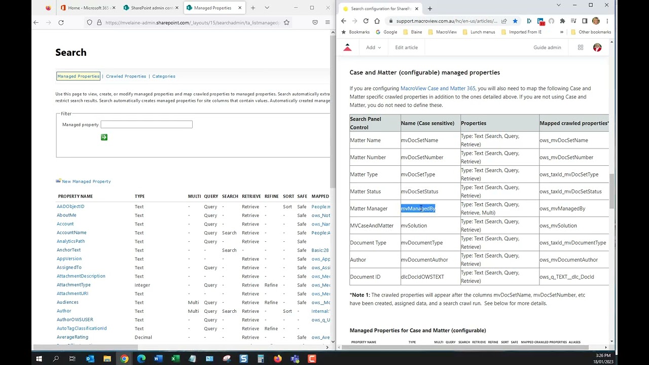Creating Managed Properties in SharePoint for MacroView Case and Matter