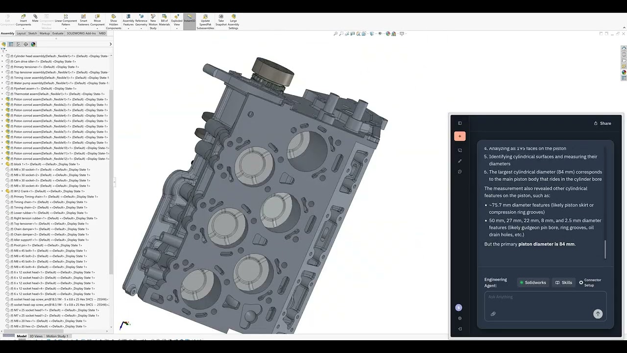 Nexus loads an engine assembly for analysis and makes layout drawings with selected components