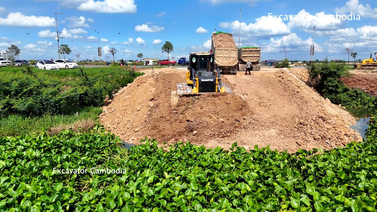 Part 2 Bulldozer Moving Soil Filling Pond And Dump Truck Dumping Soil - Bulldozer Pushing Dirt