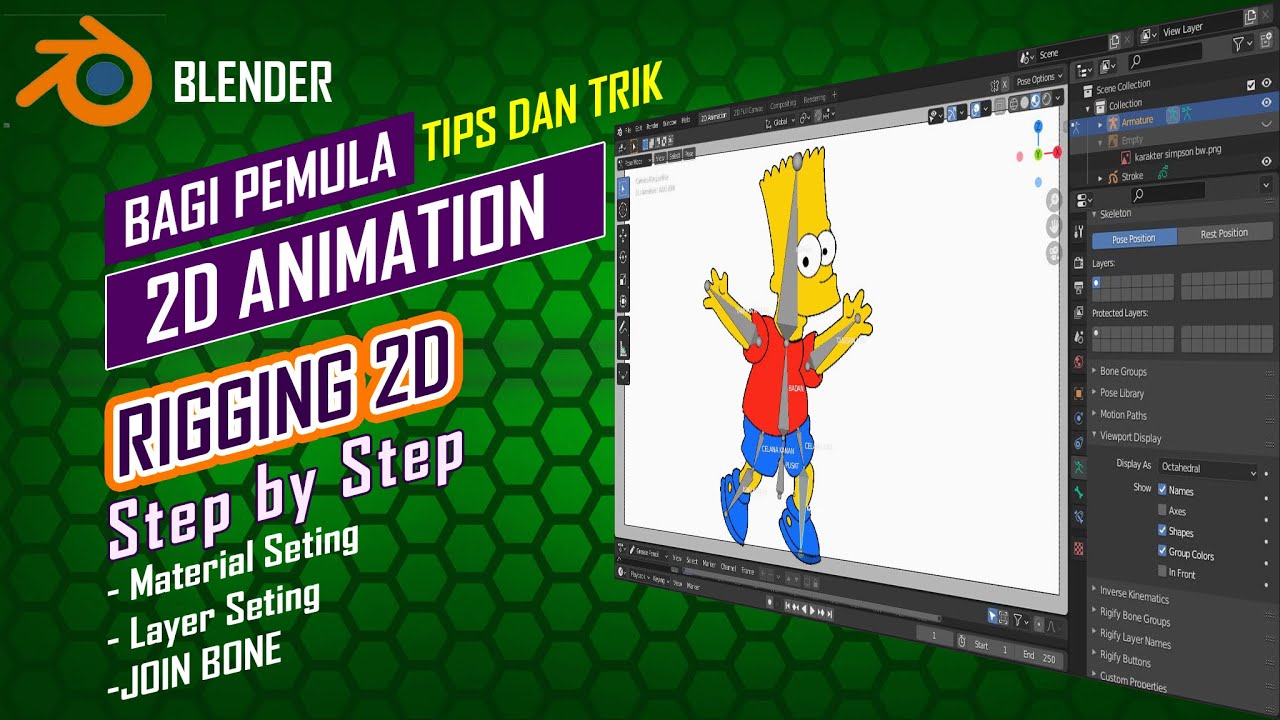 TIPS dan TRICK ( Step by Step) 2D Animation,  RIGGING BONE The Simpson karakter Di BLENDER