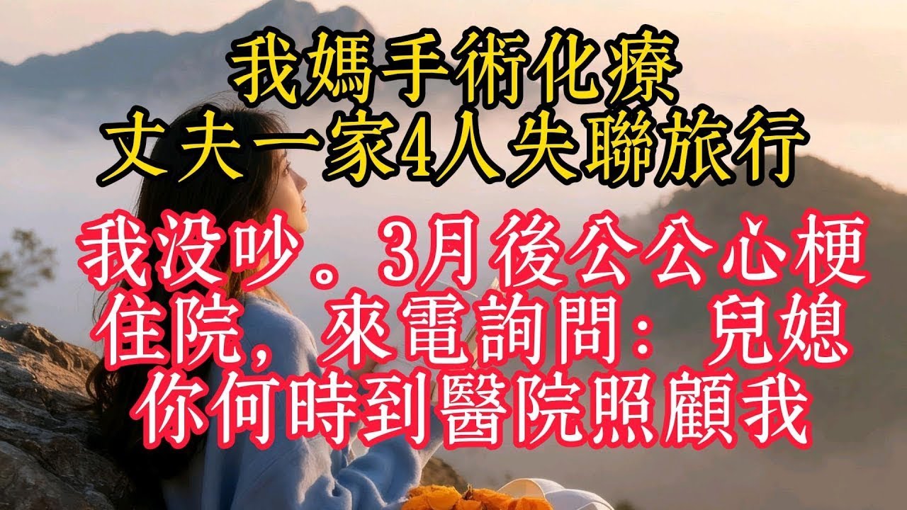 我媽手術化療，丈夫一家4人失聯旅行，我沒吵。3個月後公公心梗住院，來電詢問：兒媳，你何時到醫院照顧我