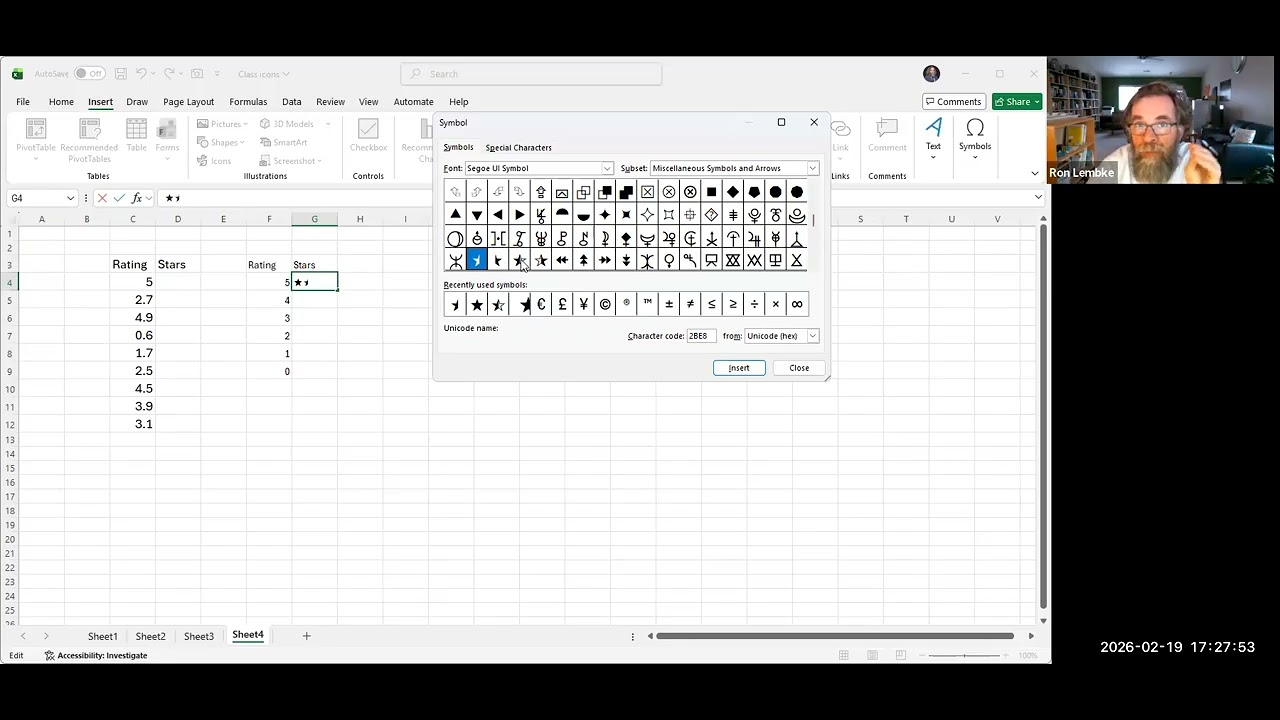 Excel table graph showing product rating using stars and half stars