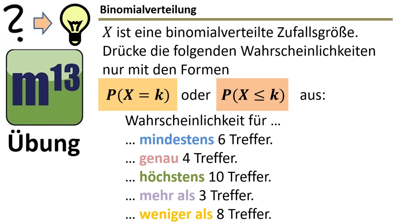 Binomialverteilung: Wahrscheinlichkeit in standardisierter Form mit P(x=k) oder P(X≤k) schreiben