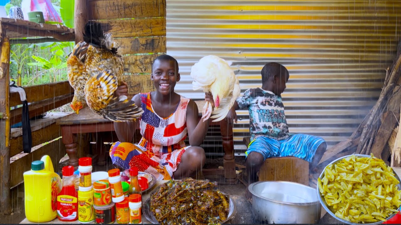 Heavy Rain🌧️In African Village,Cooking Deep Fried Marinated Chicken With KFC Fries🍟,Triplets Taste!