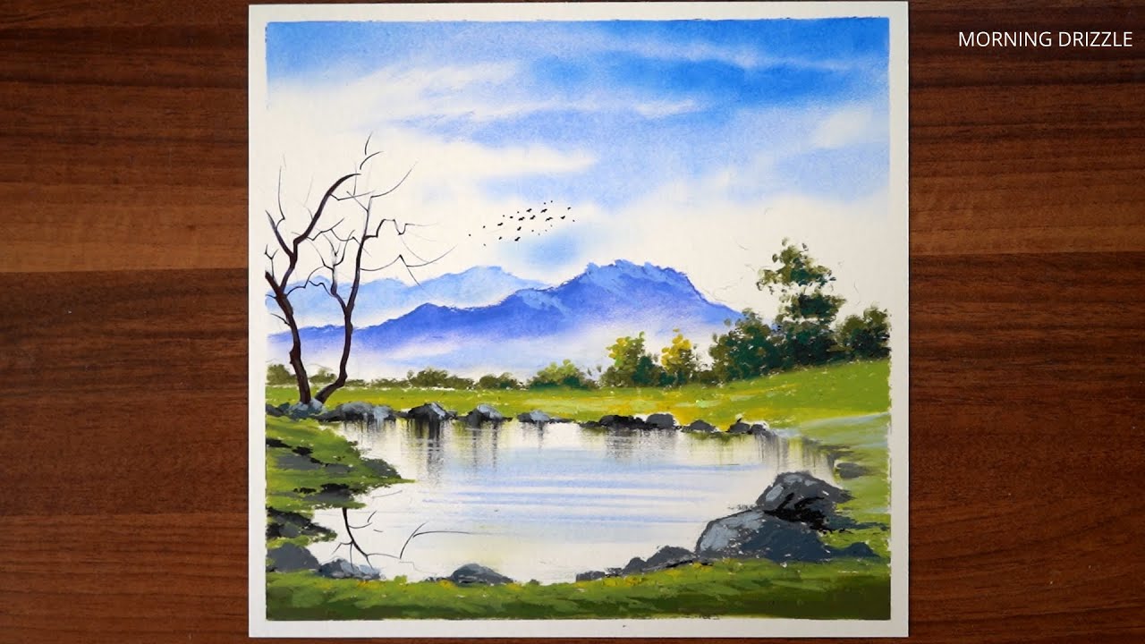 How to draw a beautiful lake in mountains - Best beginner oil pastel drawings