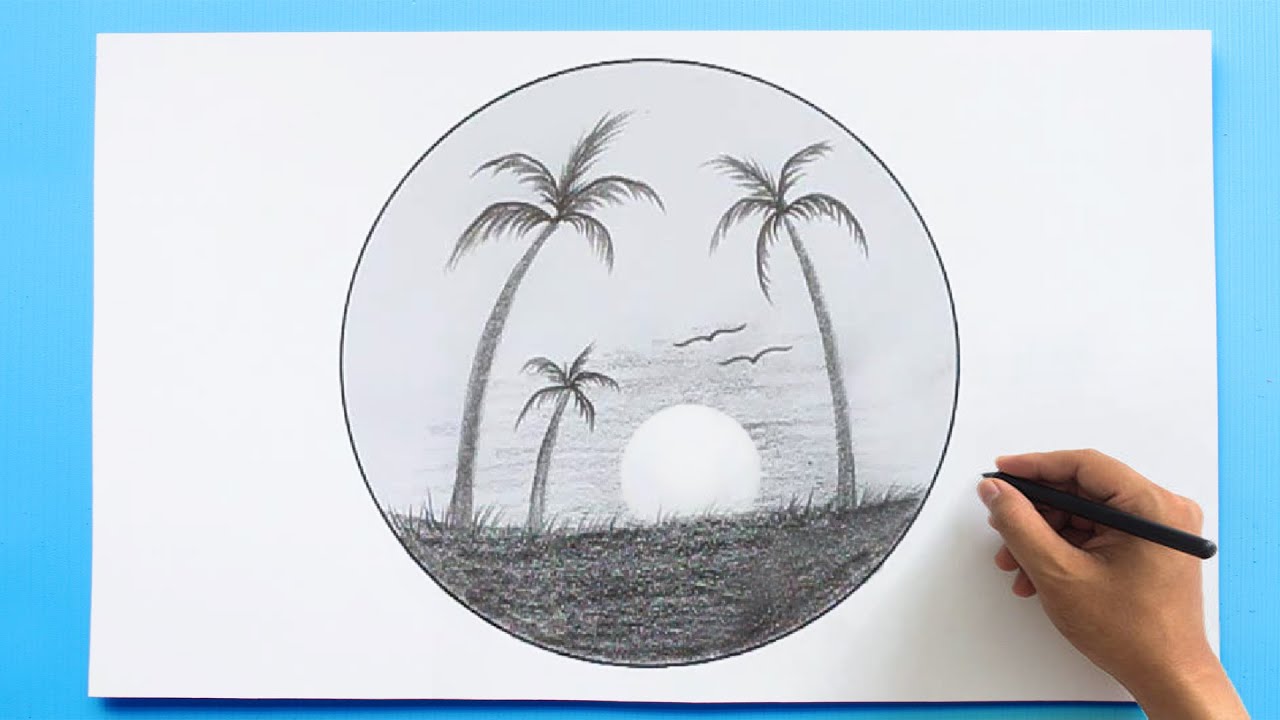 Scenery Drawing | Sunset drawing in a Circle- Drawing Class- 3