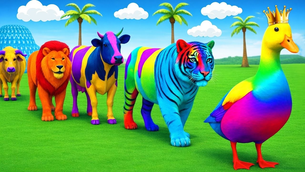 Long Slide Game With Cow Elephant Gorilla Hippopotamus Cat Tiger  3d Animal Game Funny Animals