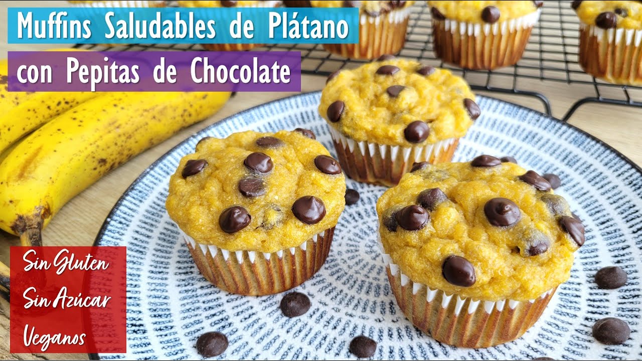 Muffins Saludables de Plátano con Pepitas de Chocolate (Sin Gluten, Sin Azúcar, Veganos)