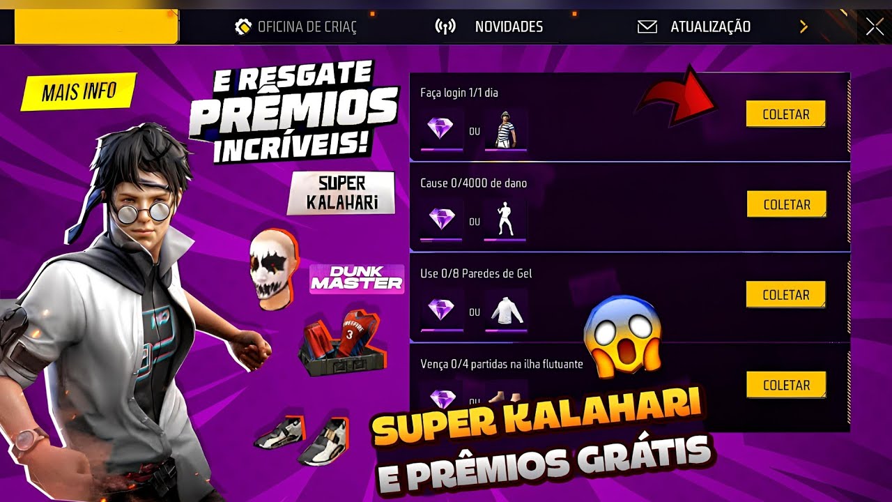 ATÉ QUE FIM? SUPER KALAHARI GRÁTIS, PEGUE O DUNK MASTER, 100 DIAMANTES PARA TODOS E MAIS - FREE FIRE