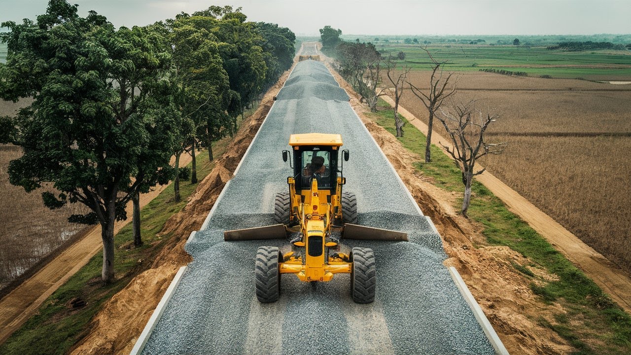 Special Technique Road construction with a Komatsu motor grader spreads gravel to make a foundation