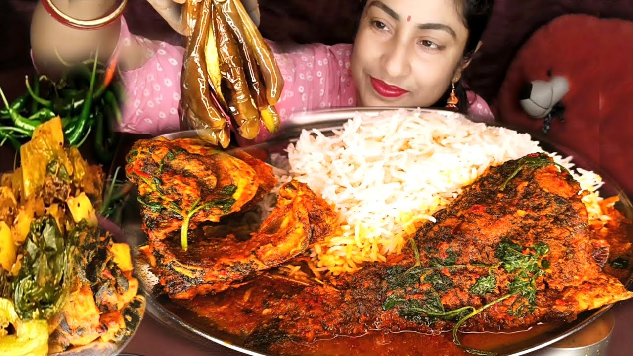 SPICY🔥KATLA KALIYA,BASMATI RICE, KUMRO PUI AMAZING LUNCH BIGBITES EATING INDIAN MUKBANG ASMR 