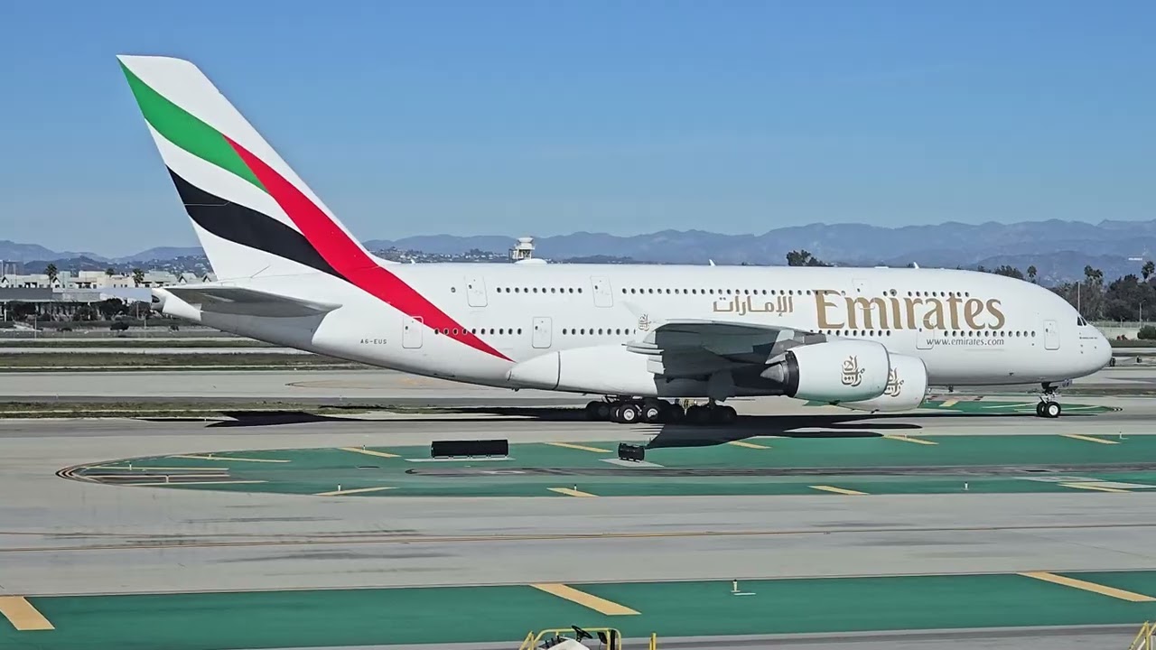 LAX - Emirates A380 taxiing across the beautiful Southern California scenery 12/4/2025