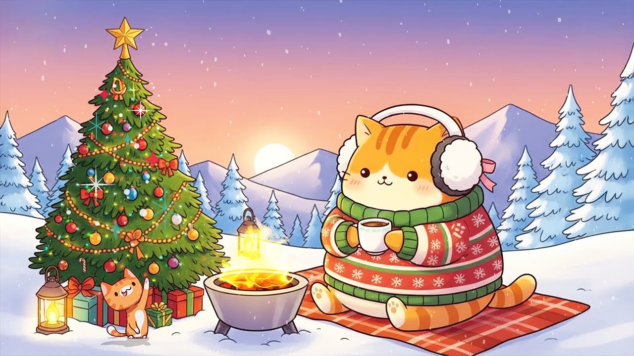 Meow Lofi Winter 🏔️🔥 Cozy Mountain Sunset Beats for Deep Sleep, Relax & Snowfall
